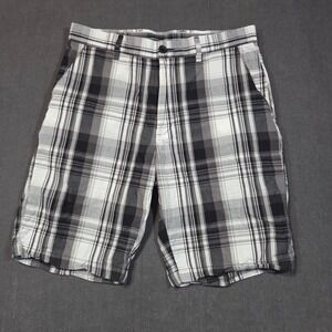 Axist Plaid Shorts Mens 32 Black White Gray Flat Front Cotton Casual